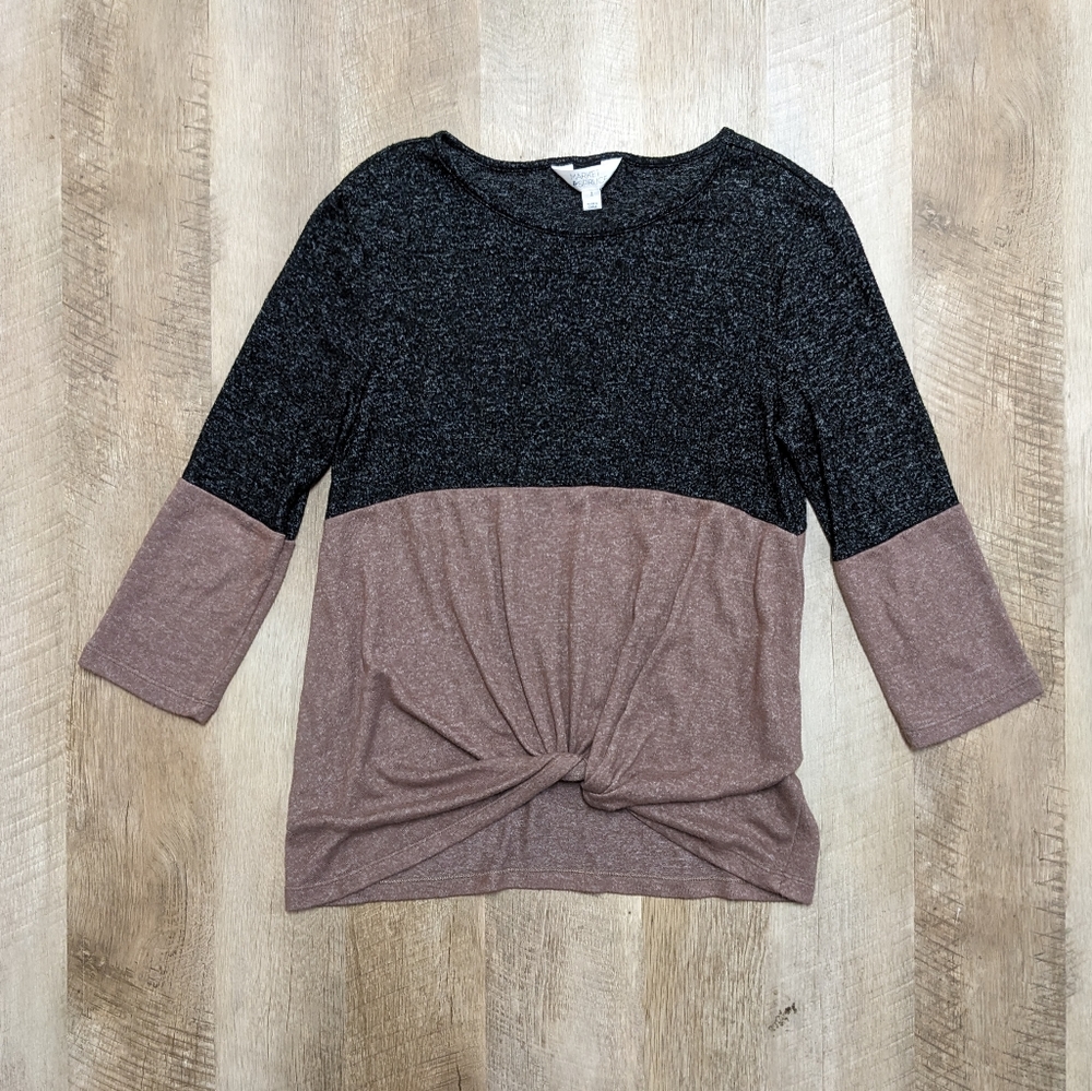 Market and Spruce Black and Brown Color block Long Sleeve Blouse Faux Wrap
